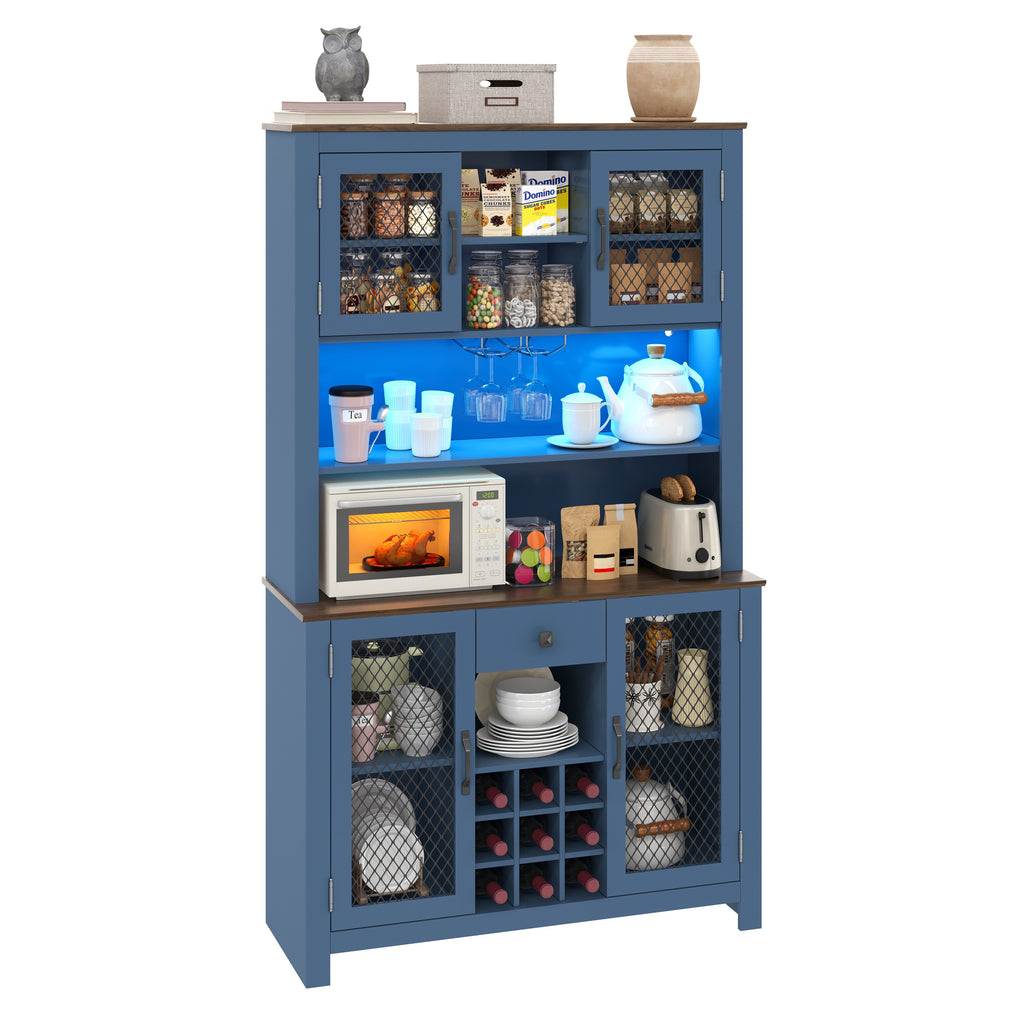 70.9' Kitchen Pantry Storage Cabinet Rustic Buffet Cabinet, Kitchen Hutch Cabinet with LED Outlets Food Pantry Cabinet with Doors and Shelves Wine Rack for Dining Room, Navy Blue - Grand Goldman Shop
