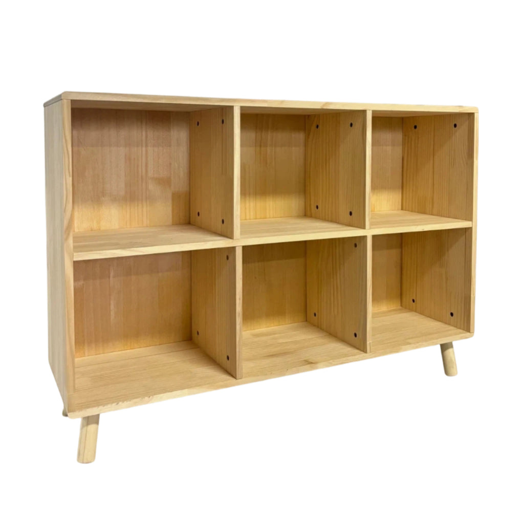 6 Cube Wooden Storage Shelf, Freestanding Open Bookcase with Legs, Natural Solid Wood Cubby Organizer for Living Room, Bedroo