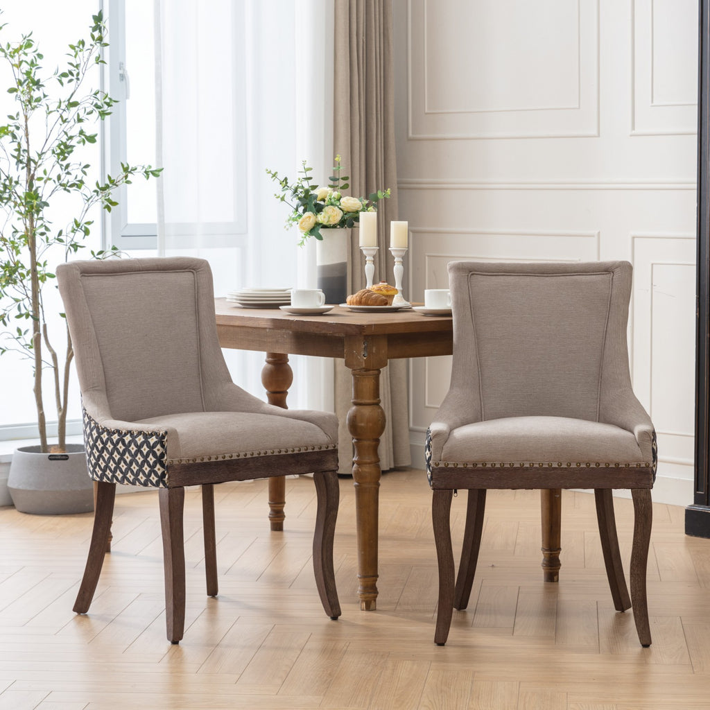 A&A Furniture, Ultra Side Dining Chair, Thickened fabric chairs with neutrally toned solid wood legs, Bronze nail head, Set of 2, Beige and Patterned,SW2207BG - Grand Goldman Shop
