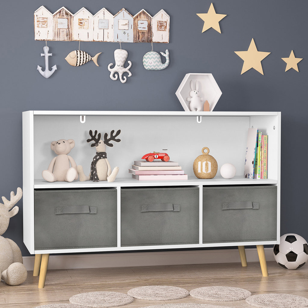 Kids Bookcase with Collapsible Fabric Drawers, Children's Book Display, Toy Storage Cabinet Organizer, White/Gray, MDF+Pine -