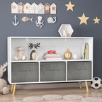 Kids Bookcase with Collapsible Fabric Drawers, Children's Book Display, Toy Storage Cabinet Organizer, White/Gray, MDF+Pine -