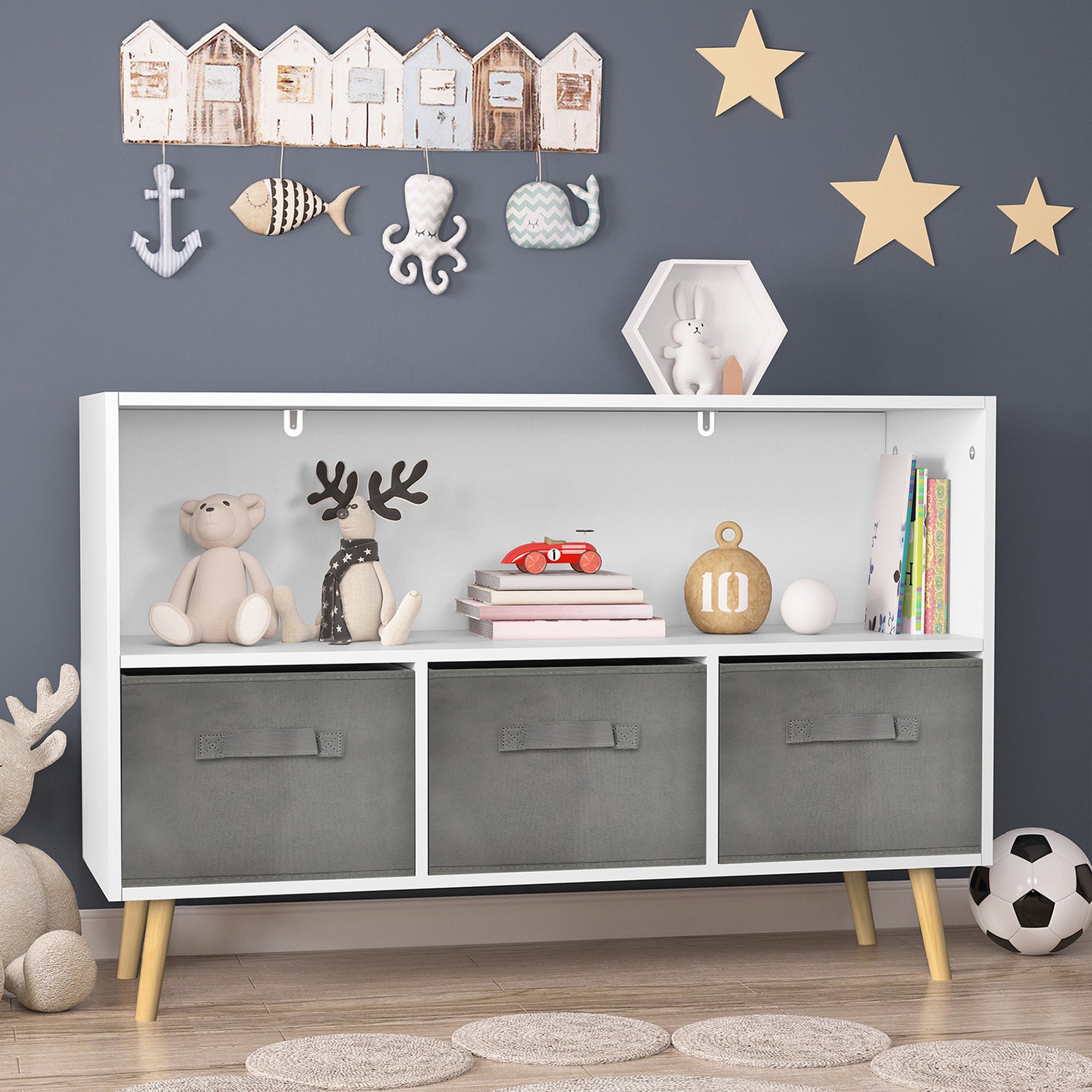 Kids Bookcase with Collapsible Fabric Drawers, Children's Book Display, Toy Storage Cabinet Organizer, White/Gray, MDF+Pine -