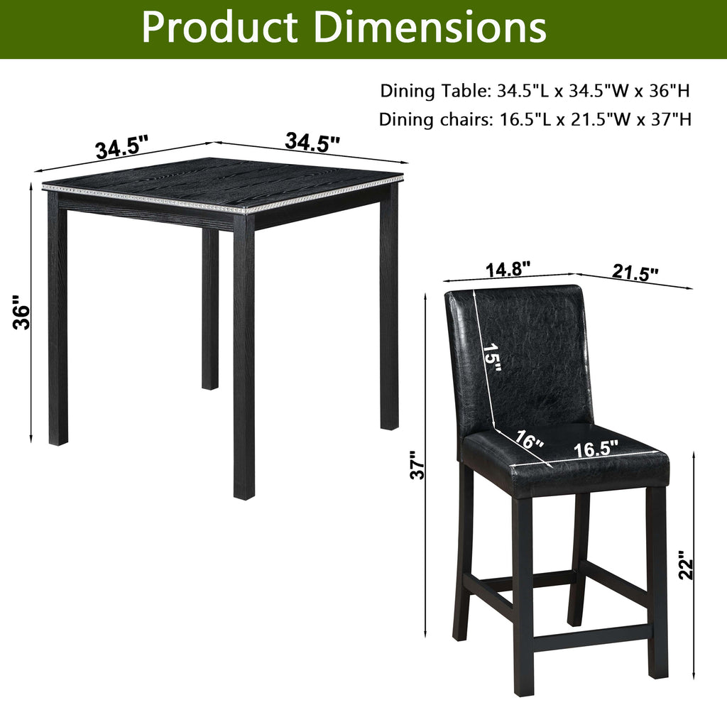 5PCs Counter Height Table Set, Wooden Kitchen Table Set with Square Table and 4 Upholstered Chairs, Counter Height Dining Table with Crystal Decoration and Chair Set for Kitchen, Dining Room, Black - Grand Goldman Shop