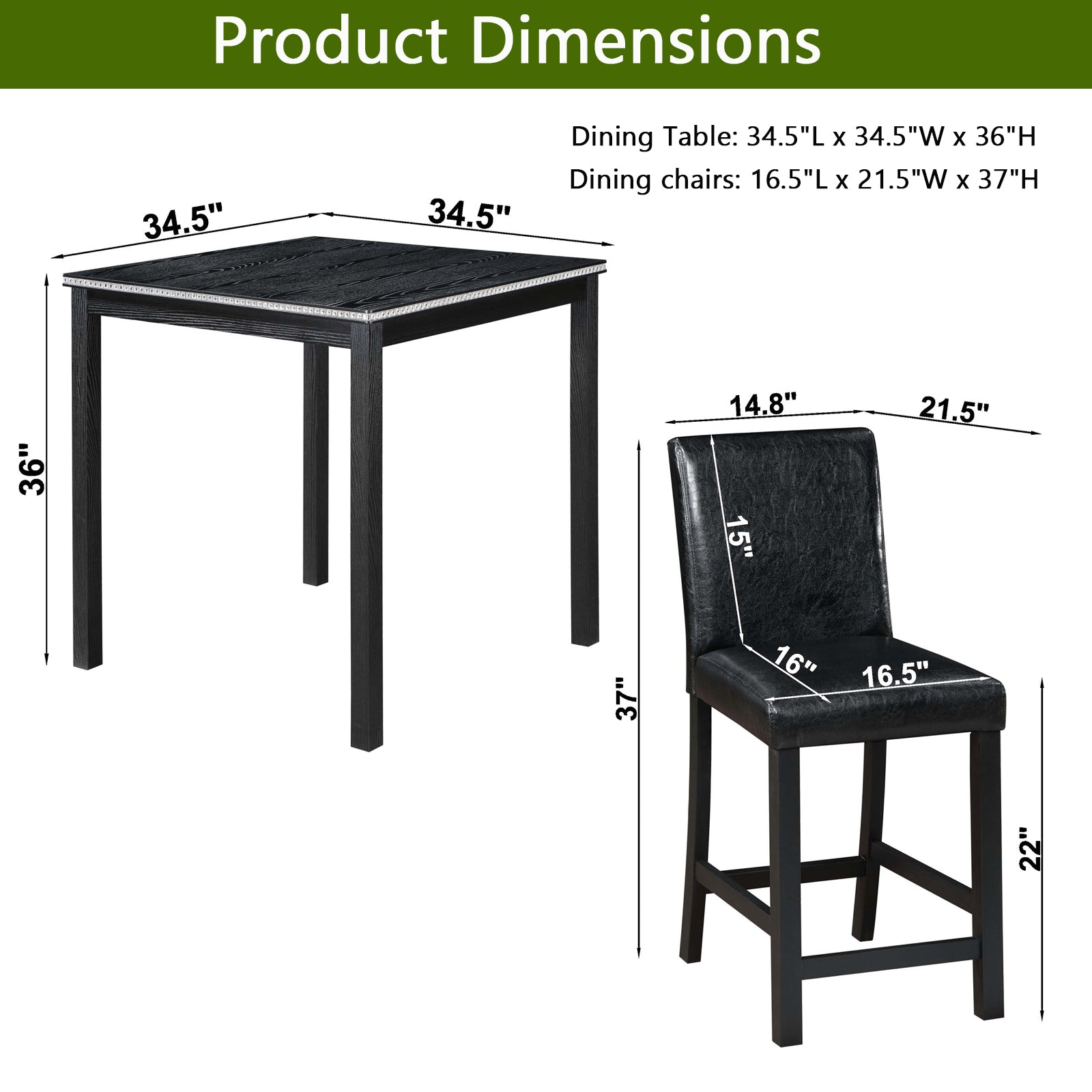 5PCs Counter Height Table Set, Wooden Kitchen Table Set with Square Table and 4 Upholstered Chairs, Counter Height Dining Table with Crystal Decoration and Chair Set for Kitchen, Dining Room, Black - Grand Goldman Shop