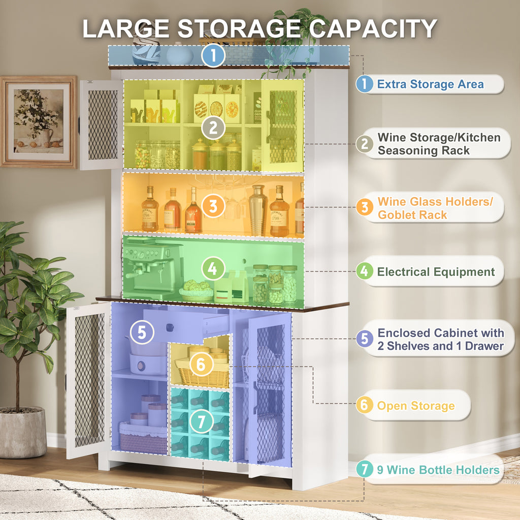 70.9' Kitchen Pantry Storage Cabinet Rustic Buffet Cabinet, Kitchen Hutch Cabinet with LED Outlets Food Pantry Cabinet with Doors and Shelves Wine Rack for Dining Room, White - Grand Goldman Shop
