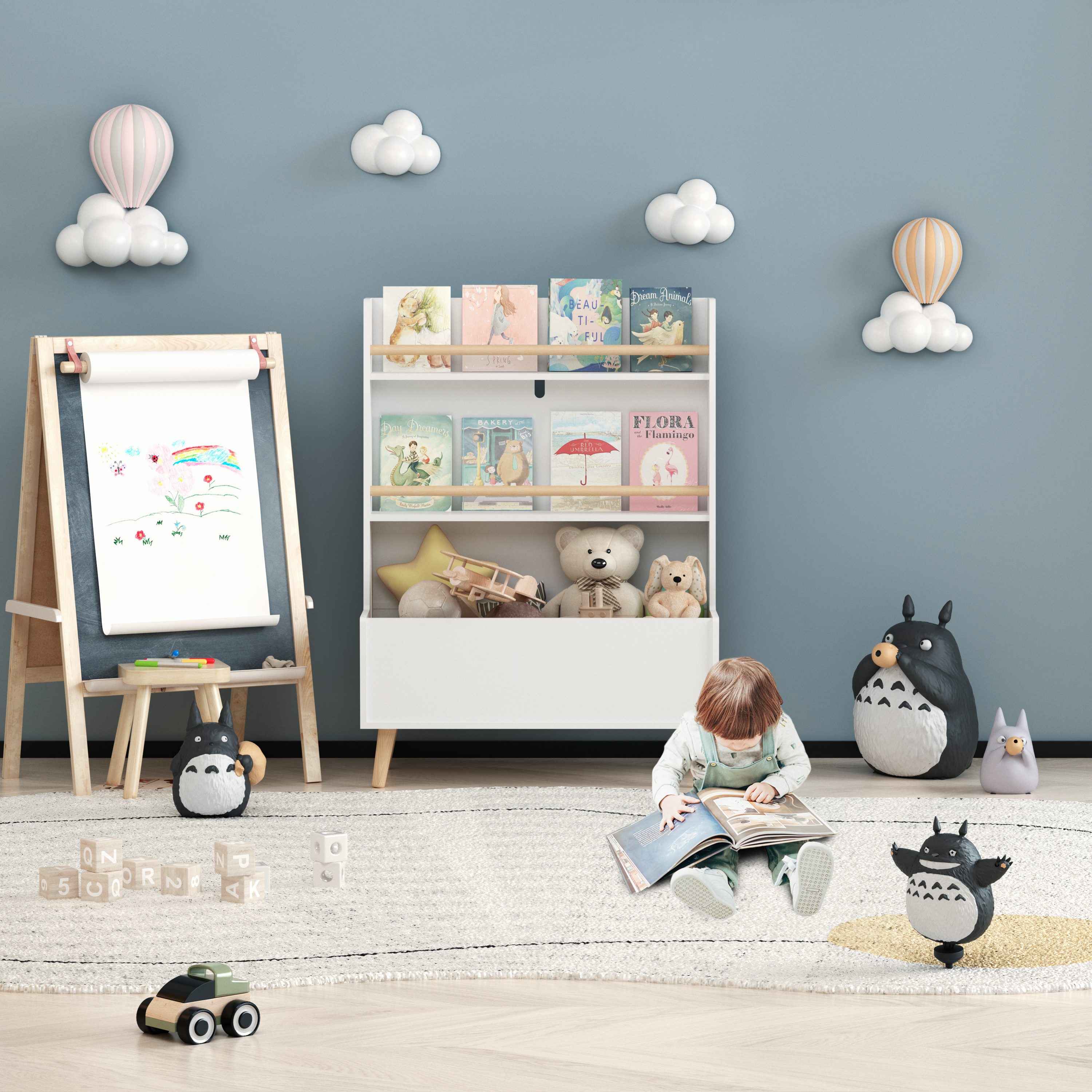 Kids Bookshelf White MDF and Pine Legs Book Organizer with Toy Storage, 26.77 x 12.60 x 36.61 inches | Premium Home Decor - G