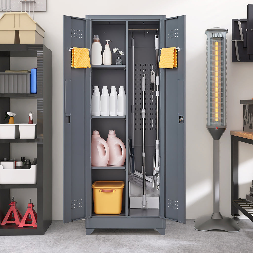 Grey Heavy Duty Metal Storage Cabinet with Locking Doors, Hanging Rod & Shelves, 65' H Broom Closet for Garage or Basement | 