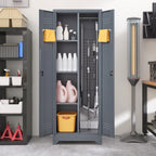 Grey Heavy Duty Metal Storage Cabinet with Locking Doors, Hanging Rod & Shelves, 65' H Broom Closet for Garage or Basement | 