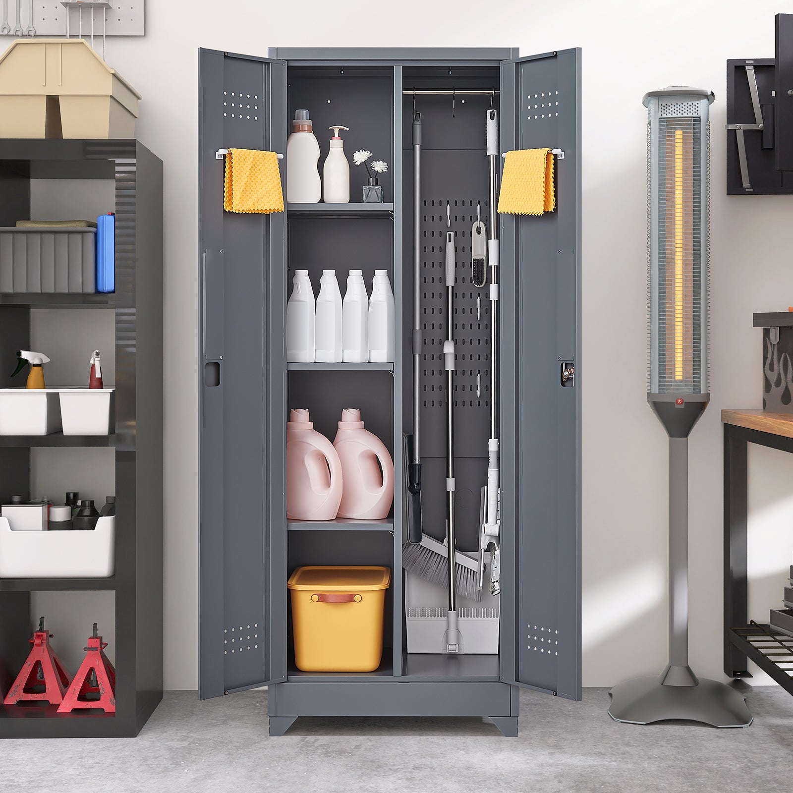 Grey Heavy Duty Metal Storage Cabinet with Locking Doors, Hanging Rod & Shelves, 65' H Broom Closet for Garage or Basement | 