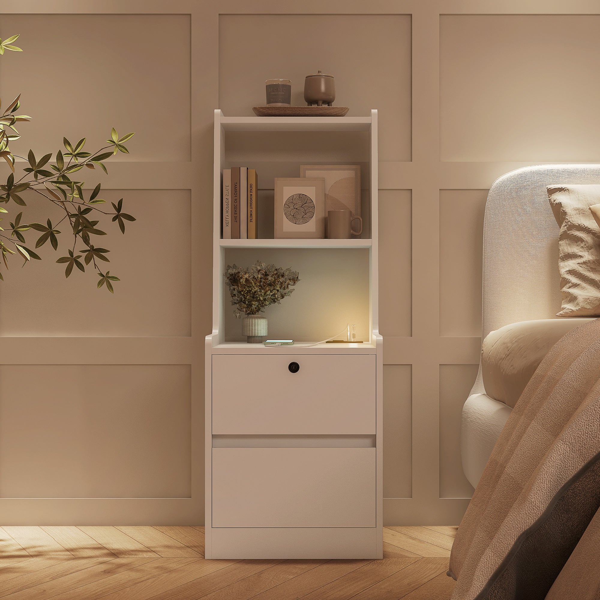 Nightstand with Charging Station, Smart Nightstand with Night Light, Modern Night Stand with Bookshelf, Bedside Tables with Storage Cabinet for Bedroom, White - Grand Goldman Shop