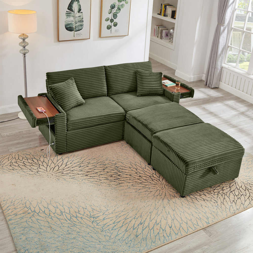 Comfortable Fluffy Corduroy Lazy Sofa, Storage Space for Big Loveseat, Super Soft Chaise Lounge with Double Ottomans and Table Board,Suitable for Chailiving - Grand Goldman Shop