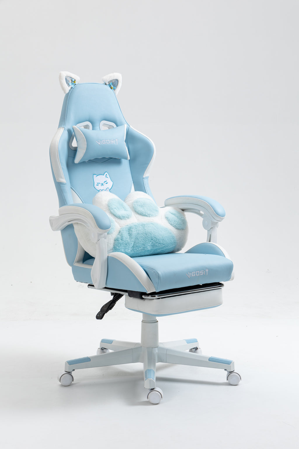 Cat Ears Gaming Chair - Ergonomic PU Leather Office Chair, Cute Chair with Footrest for Adult 310lbs Capacity, 90°-155° Recli