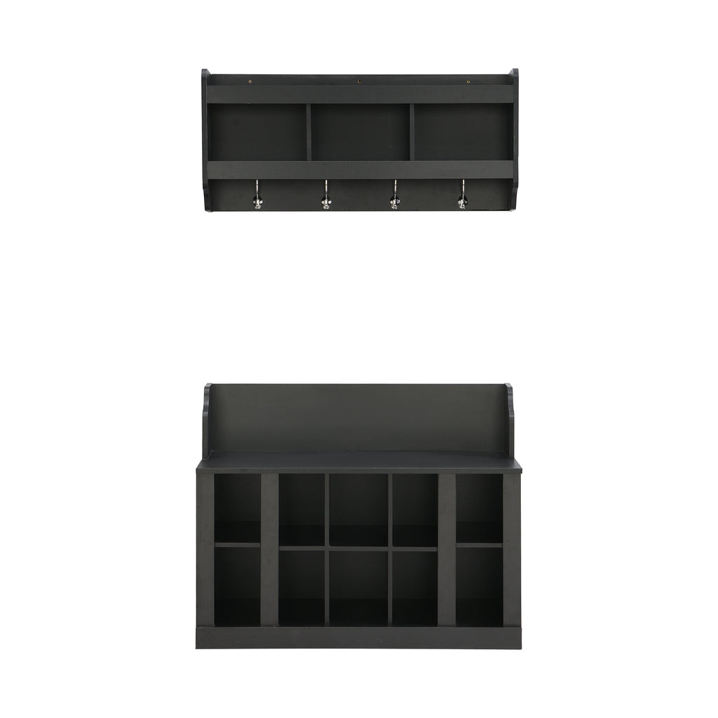 ON-TREND Shoe Storage Bench with Shelves and 4 Hooks, Elegant Hall Tree with Wall Mounted Coat Rack, Entryway Organizer For Hallway, Foyer, Mudroom, Black - Grand Goldman Shop