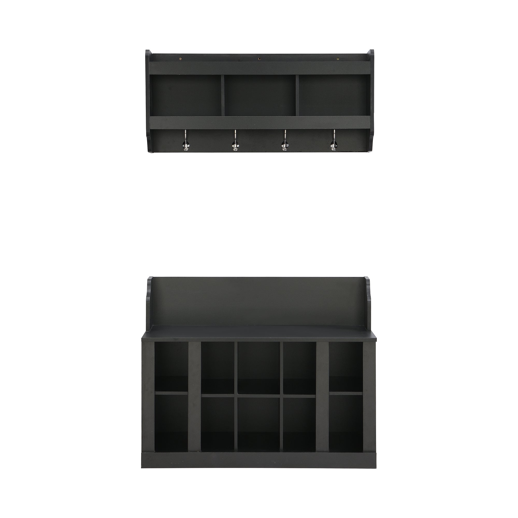 ON-TREND Shoe Storage Bench with Shelves and 4 Hooks, Elegant Hall Tree with Wall Mounted Coat Rack, Entryway Organizer For Hallway, Foyer, Mudroom, Black - Grand Goldman Shop