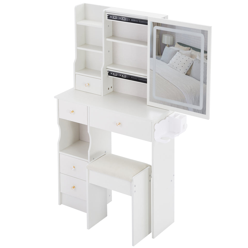 29.2' Small Size Left Drawer Desktop Vanity Table + Cushioned Stool, 2 AC+2 USB Power Station, Hair dryer bracket, Extra Large Touch Control Sliding LED Mirror, Tri-color Switching, Brightness Adjust - Grand Goldman Shop