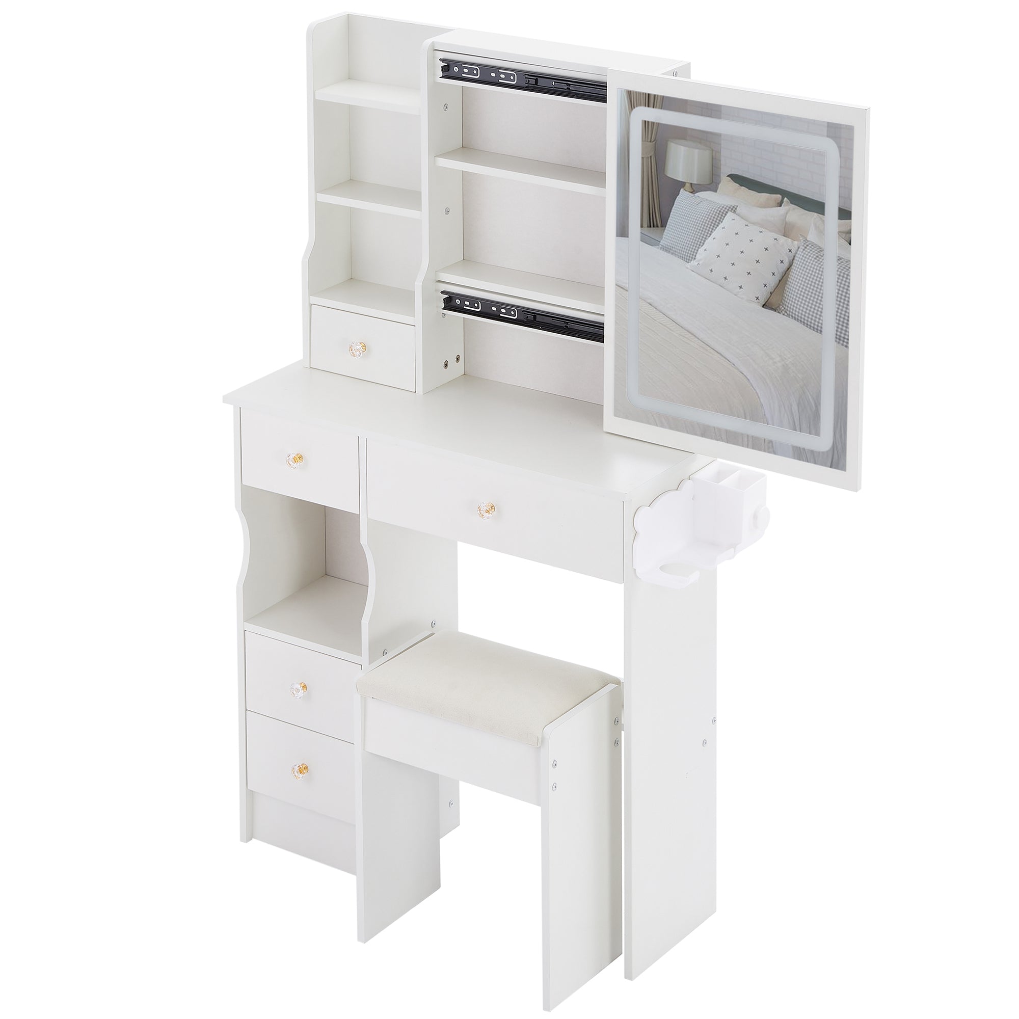29.2' Small Size Left Drawer Desktop Vanity Table + Cushioned Stool, 2 AC+2 USB Power Station, Hair dryer bracket, Extra Large Touch Control Sliding LED Mirror, Tri-color Switching, Brightness Adjust - Grand Goldman Shop