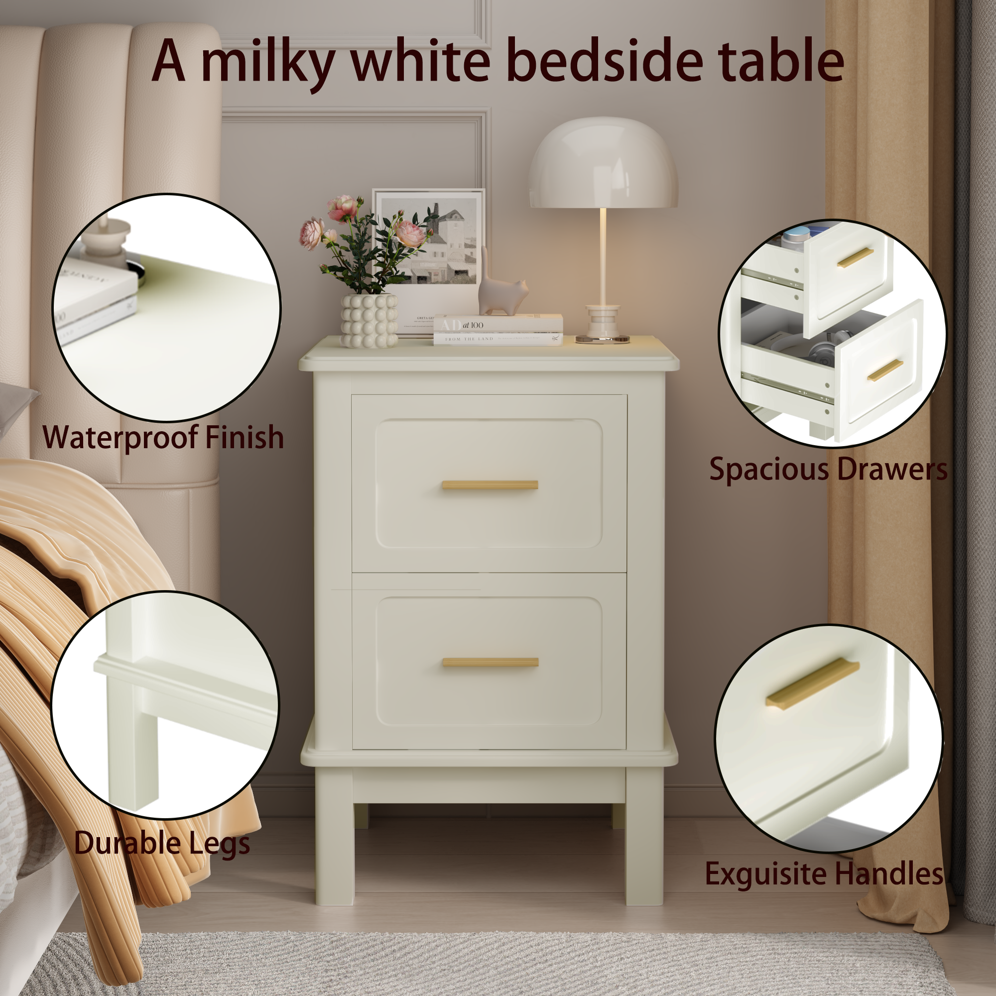 Modern  Nightstand with 2 Drawers, Bedroom Bedside Table with Gold Handles, Sturdy Wood Accent Table for Small Spaces, Living Room, Kids Room & Guest Room-Off White - Grand Goldman Shop