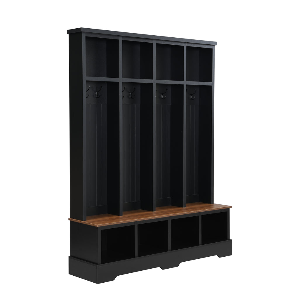 Farmhouse Hall Tree with 8 Hooks, Practical Entryway Bench with Open Compartments, 76.7'H Modern 3-in-1 Wooden Style Coat and Shoe Rack for Mudroom, Living Room, Black (OLD SKU: N721P292601B) - Grand Goldman Shop