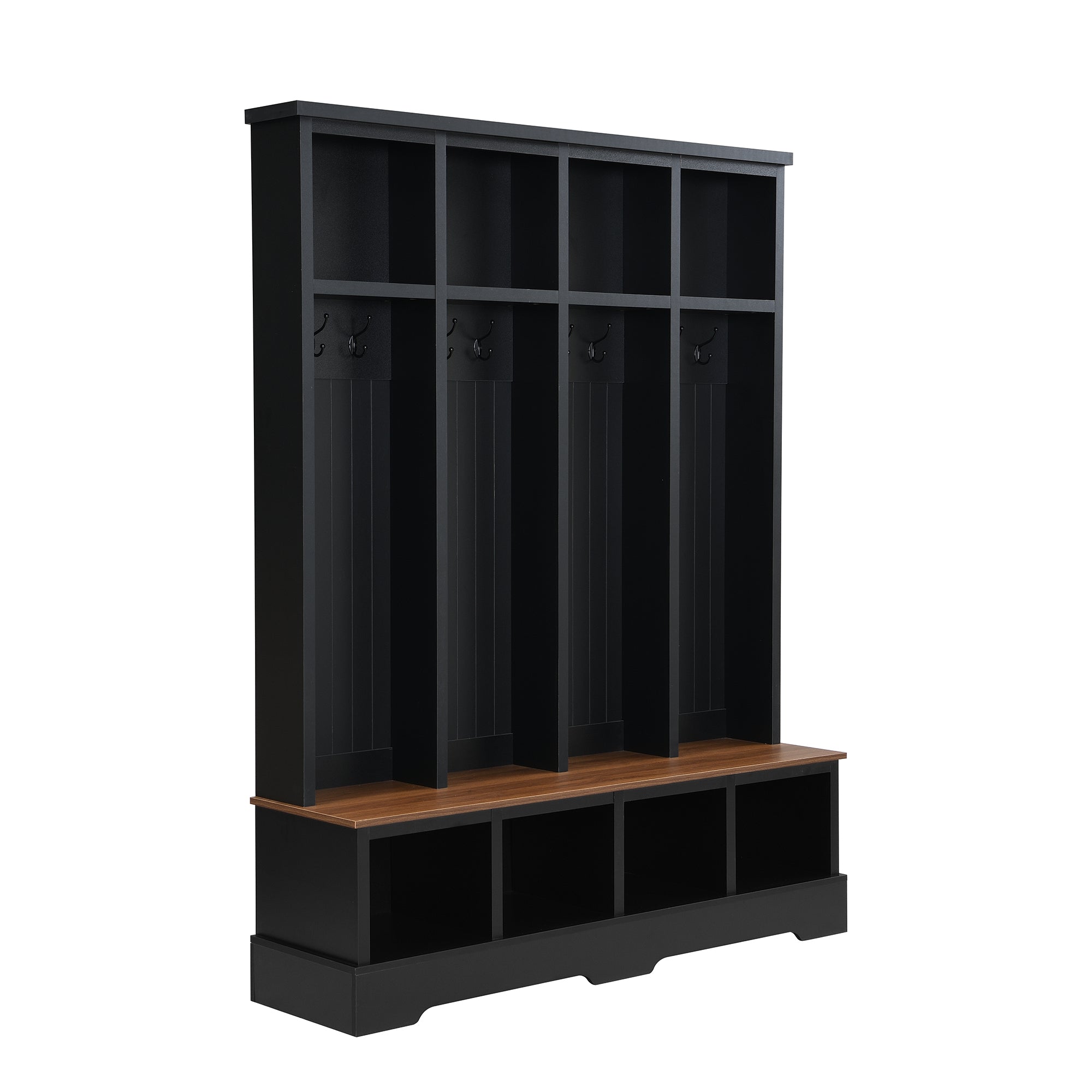 Farmhouse Hall Tree with 8 Hooks, Practical Entryway Bench with Open Compartments, 76.7'H Modern 3-in-1 Wooden Style Coat and Shoe Rack for Mudroom, Living Room, Black (OLD SKU: N721P292601B) - Grand Goldman Shop
