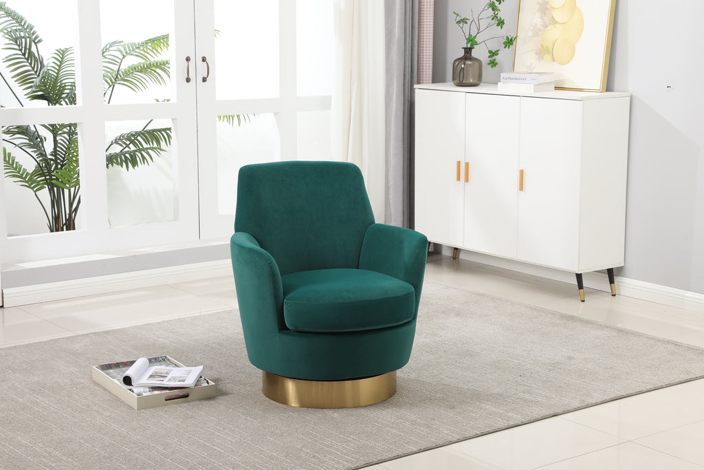 Velvet Swivel Barrel Chair, Swivel Accent Chairs Armchair for Living Room, Reading Chairs for Bedroom Comfy, Round Barrel Chairs with Gold Stainless Steel Base (Emerald) - Grand Goldman Shop