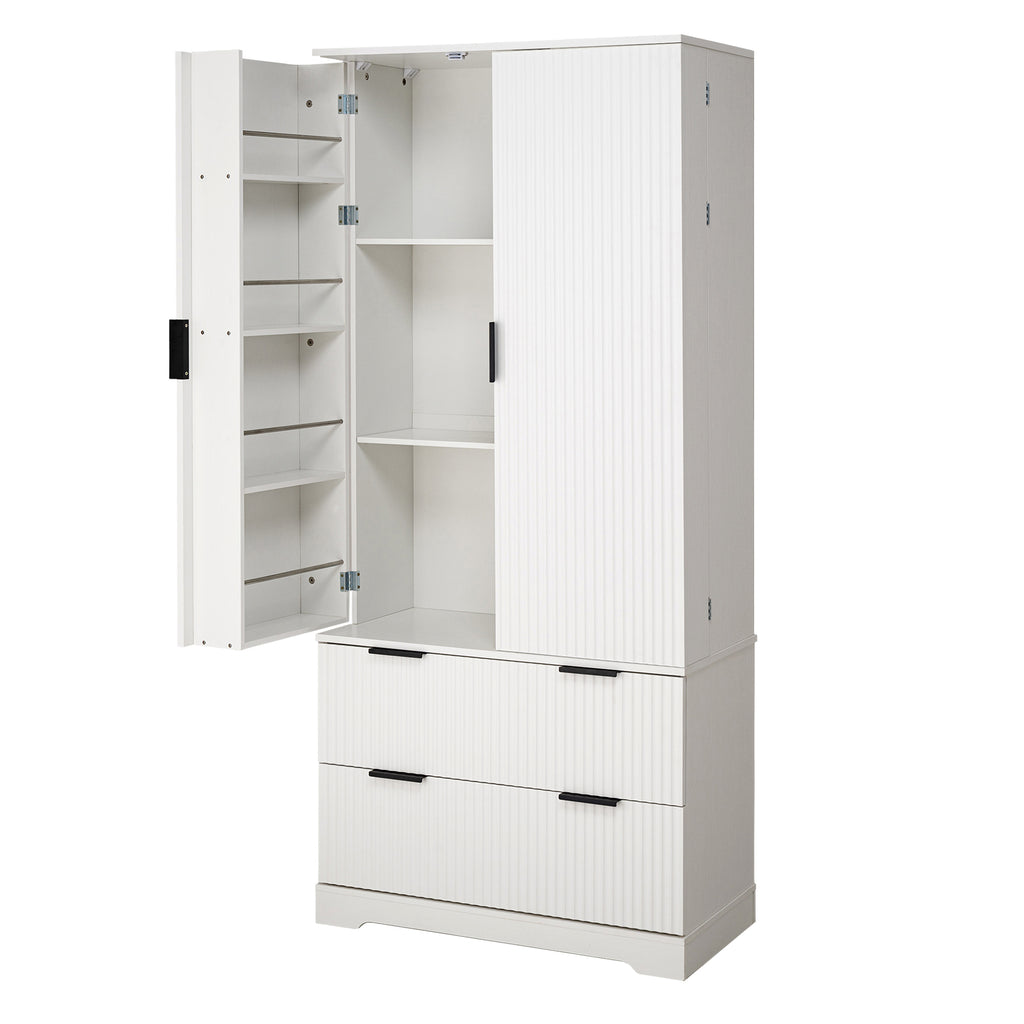 72' Modern Fluted Kitchen Pantry Cabinet with 2 Large Drawers & 8-Door Spice Rack, White MDF Freestanding Storage Organizer for Bathroom, Dining Room, Office, Entryway - Grand Goldman Shop