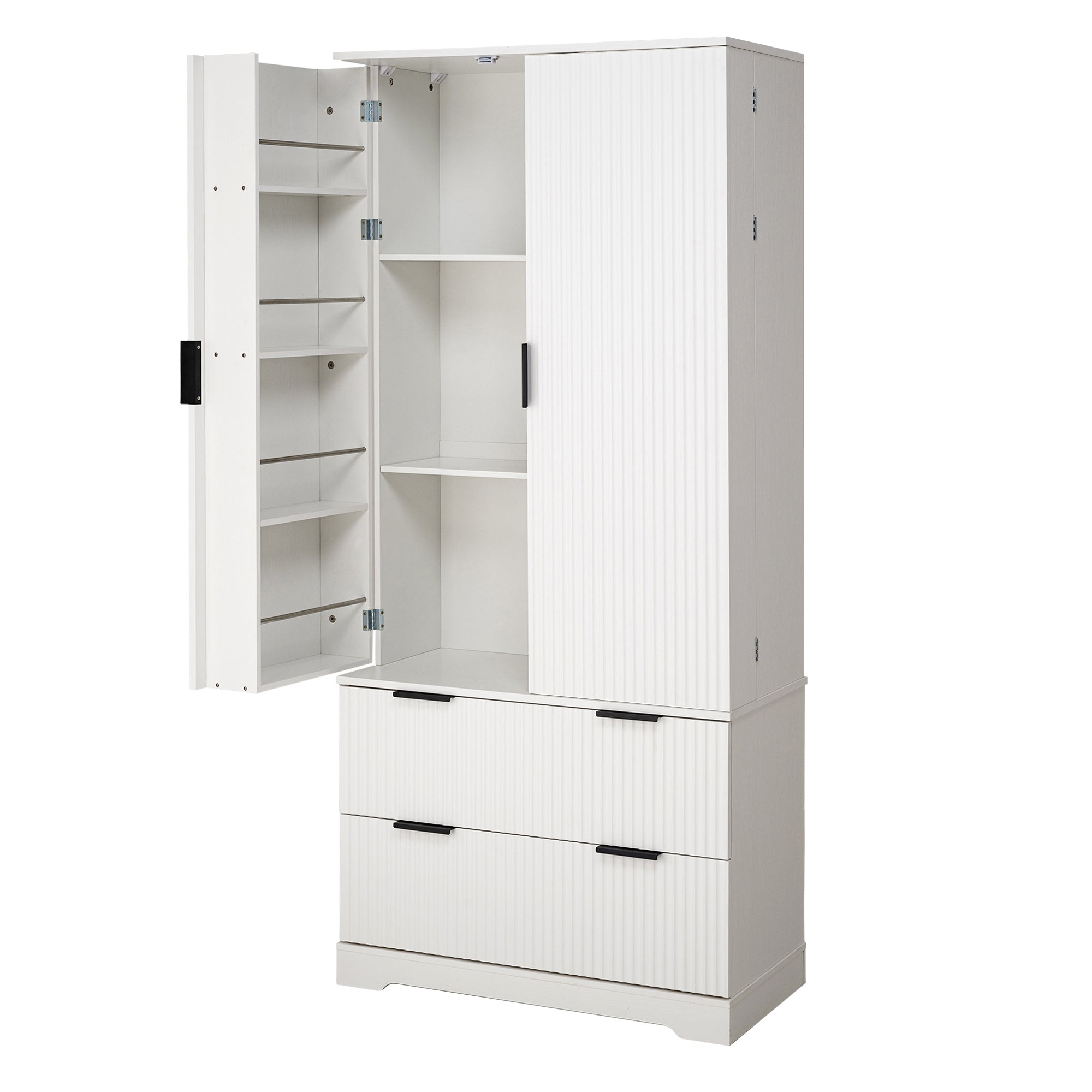72' Modern Fluted Kitchen Pantry Cabinet with 2 Large Drawers & 8-Door Spice Rack, White MDF Freestanding Storage Organizer for Bathroom, Dining Room, Office, Entryway - Grand Goldman Shop