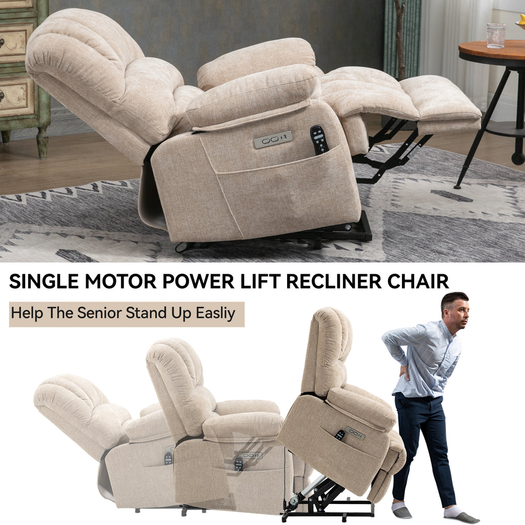 23' Seat Width and High Back Large Size Beige Chenille Power Lift Recliner Chair with 8-Point Vibration Massage and Lumbar Heating - Grand Goldman Shop