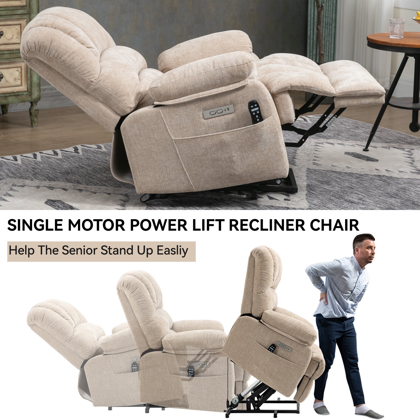 23' Seat Width and High Back Large Size Beige Chenille Power Lift Recliner Chair with 8-Point Vibration Massage and Lumbar Heating - Grand Goldman Shop