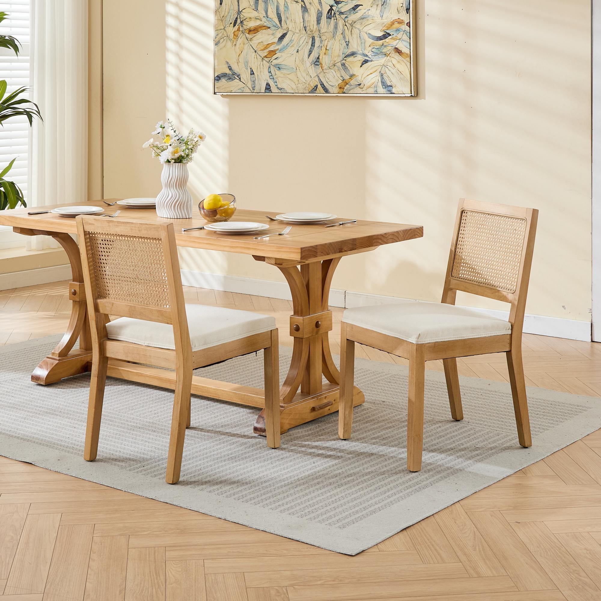 Farmhouse Rattan Dining Chairs Set of 2, Mid Century Modern Kitchen & Dining Room Chairs, Cane Upholstered Kitchen Side Chair with Natural Hardwood Frame, Beige - Grand Goldman Shop