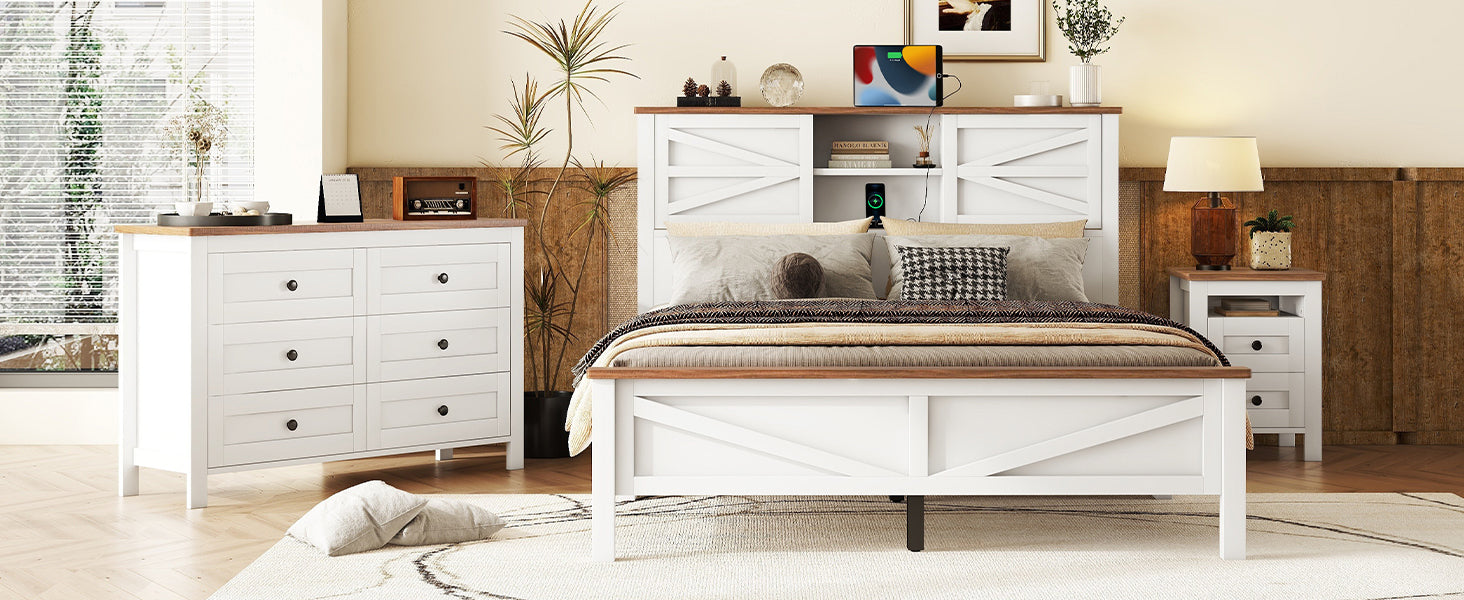 3-Pieces Bedroom Sets Queen Size  Farmhouse Platform Bed with Double Sliding Door Storage Headboard, Storage Nightstand and Dresser, White+Brown(Old SKU HL000092AAK) - Grand Goldman Shop