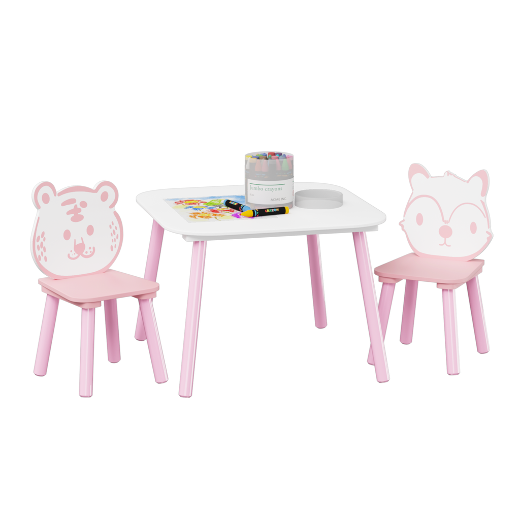 Kids Table and Chair Set, 3-Piece Wooden Toddler Desk with Animal Backrest, Activity Table for Drawing, Learning,Playroom or 