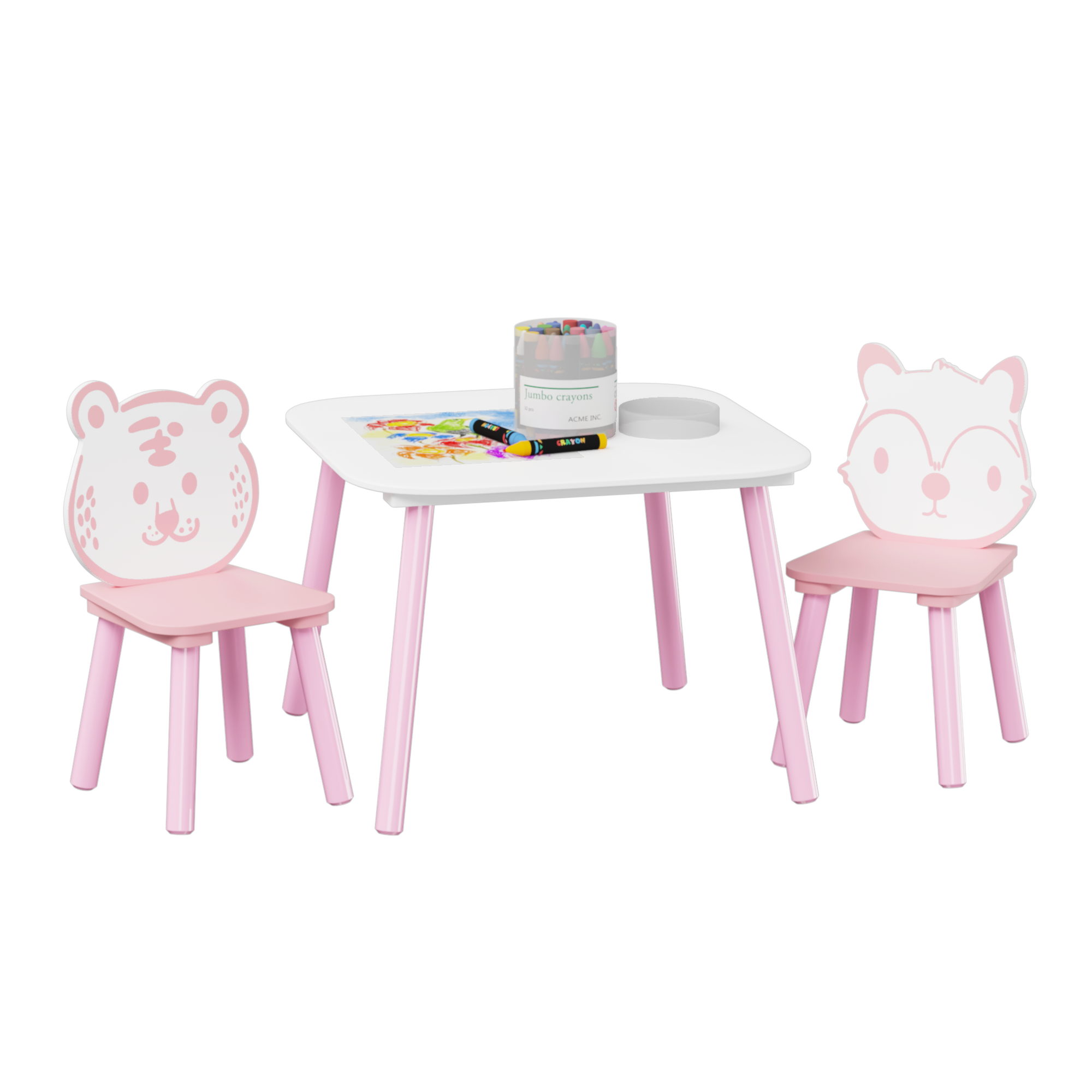 Kids Table and Chair Set, 3-Piece Wooden Toddler Desk with Animal Backrest, Activity Table for Drawing, Learning,Playroom or 