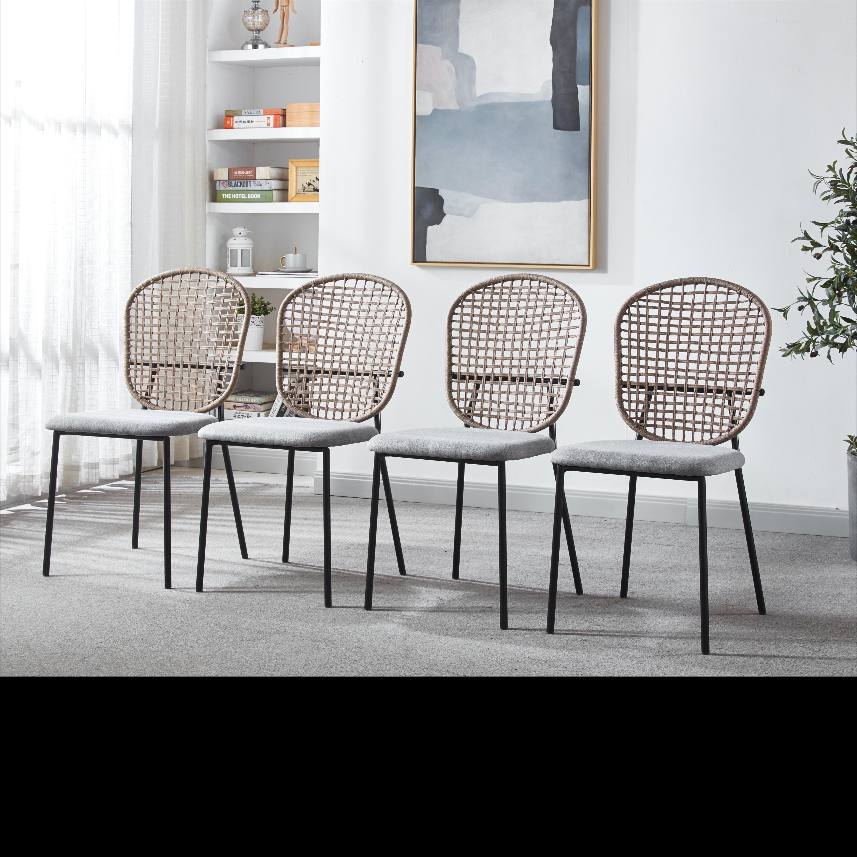 Black and Gray Sennit Chair Set of 4 Dining & Coffee Chair, Matt Black Metal Frame with Natural Fiber Seat, 23.22 x 18.11 x 34.44 Inches - Grand Goldman Shop