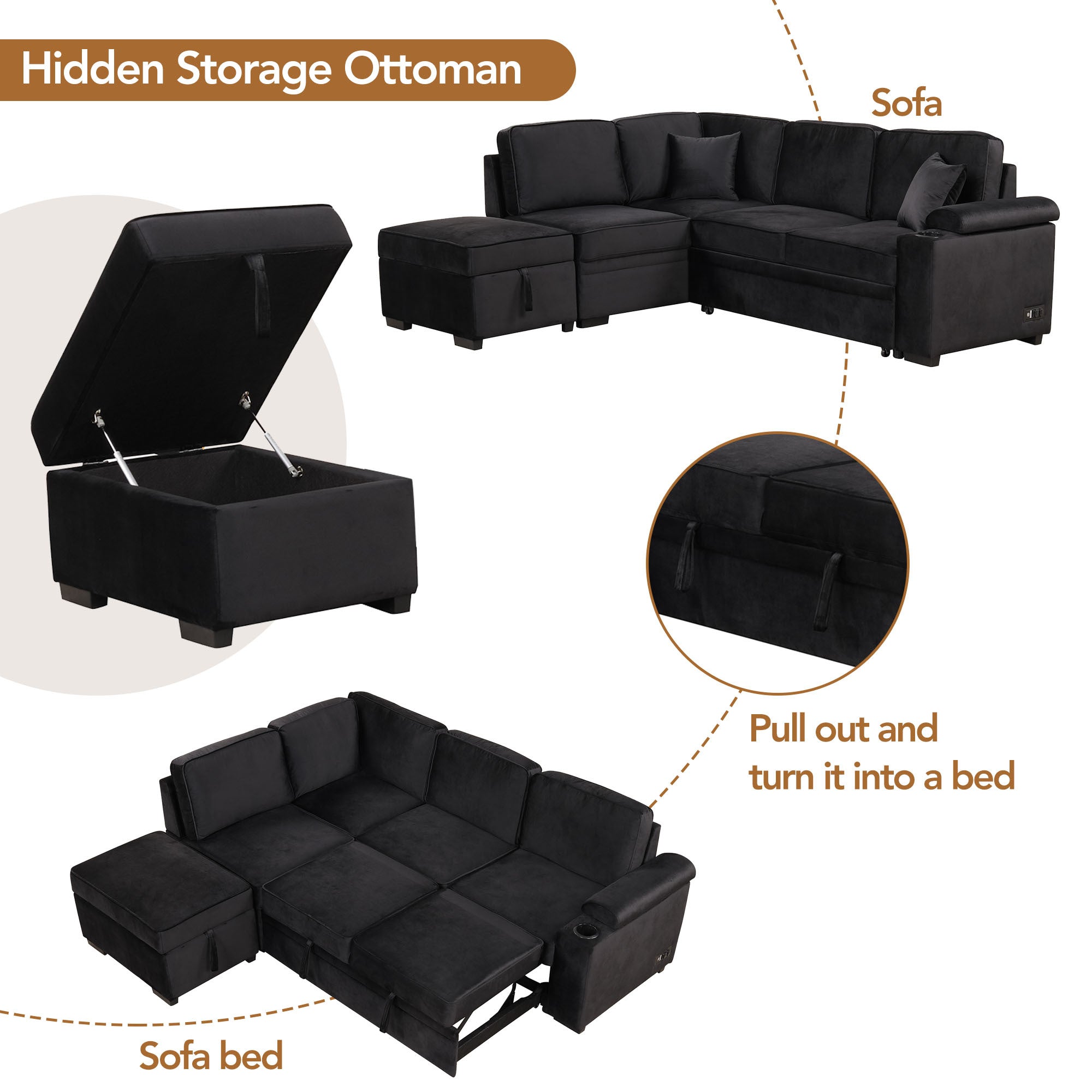 Modern Velvet Sleeper Sofa Bed with Storage Ottoman, Black, 84.75' L Shape - Grand Goldman Shop