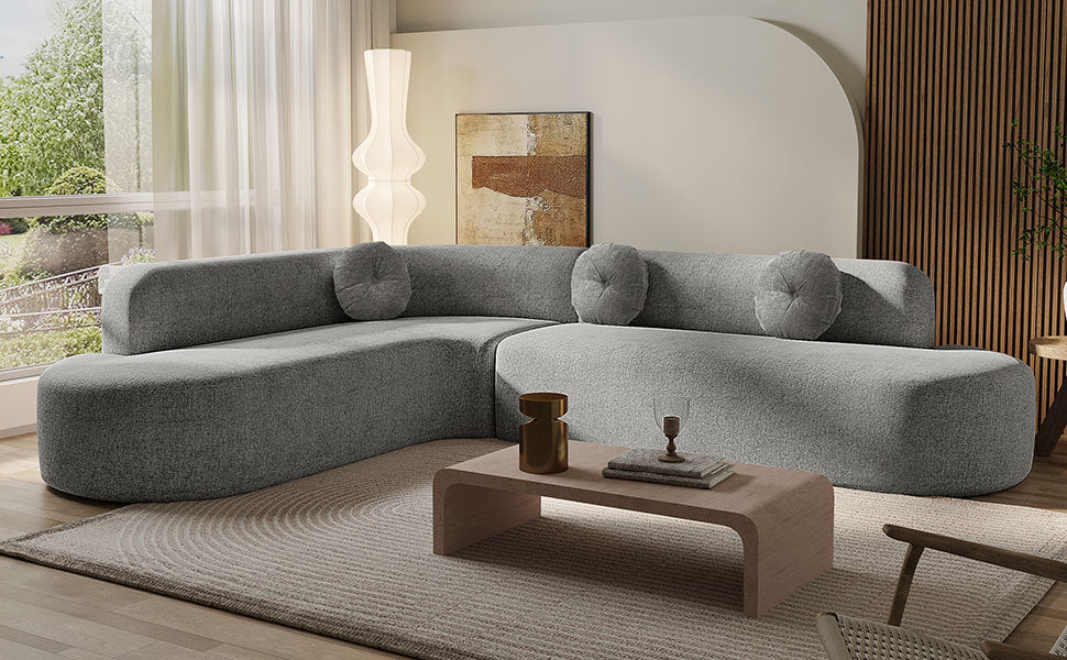 Mirod 122'' Extra Large Sectional Sofa Soft Fabric Upholstery, Elegant Curved Design with Three Round Cushions , High-Resilience Foam for Ultimate Comfort - Grand Goldman Shop