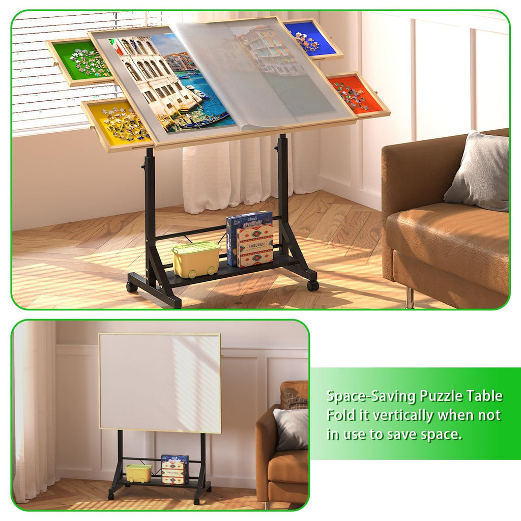 Wooden 1500 Pieces Puzzle Table with Drawer, 35'*27.17' Adjustable Puzzle Table, 360° Tilting Puzzle Table with Legs and Whee