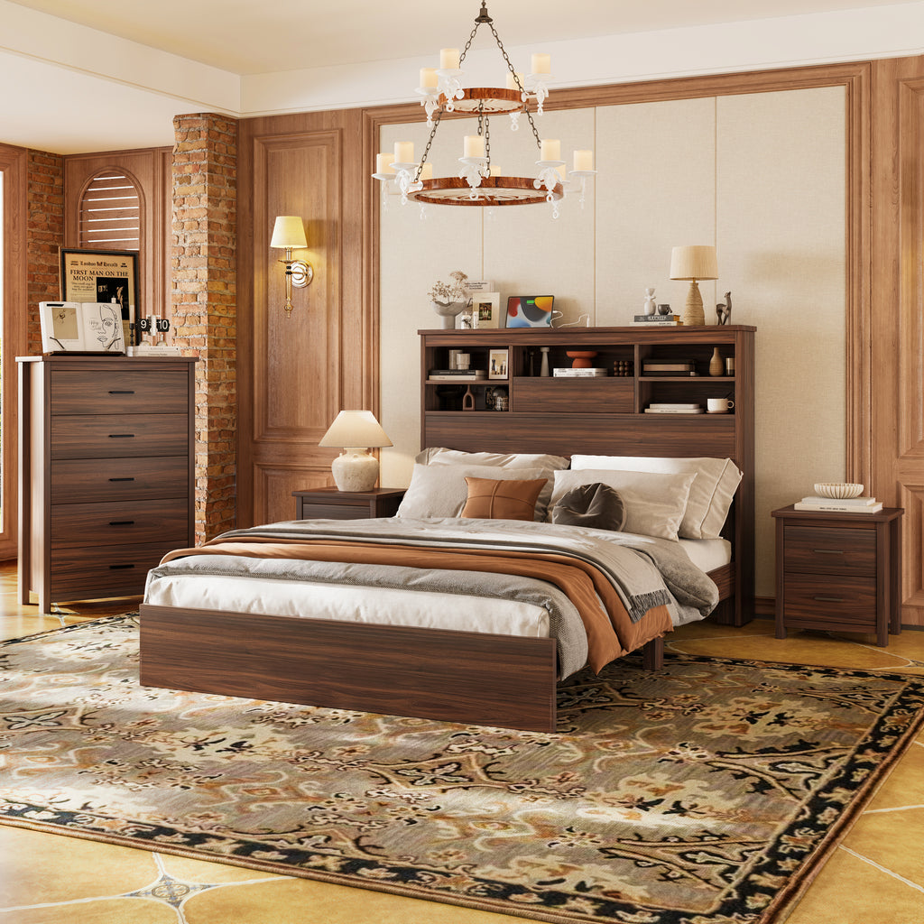 4PCS Bedroom Sets, Wooden Queen Size Bed Frame with Storage Headboard and Charging Station, 2 Nightstands with 2 Drawers, 1 Dresser with 5 Drawers, Walnut(old SKU HL000102AAD) - Grand Goldman Shop
