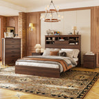 4PCS Bedroom Sets, Wooden Queen Size Bed Frame with Storage Headboard and Charging Station, 2 Nightstands with 2 Drawers, 1 Dresser with 5 Drawers, Walnut(old SKU HL000102AAD) - Grand Goldman Shop