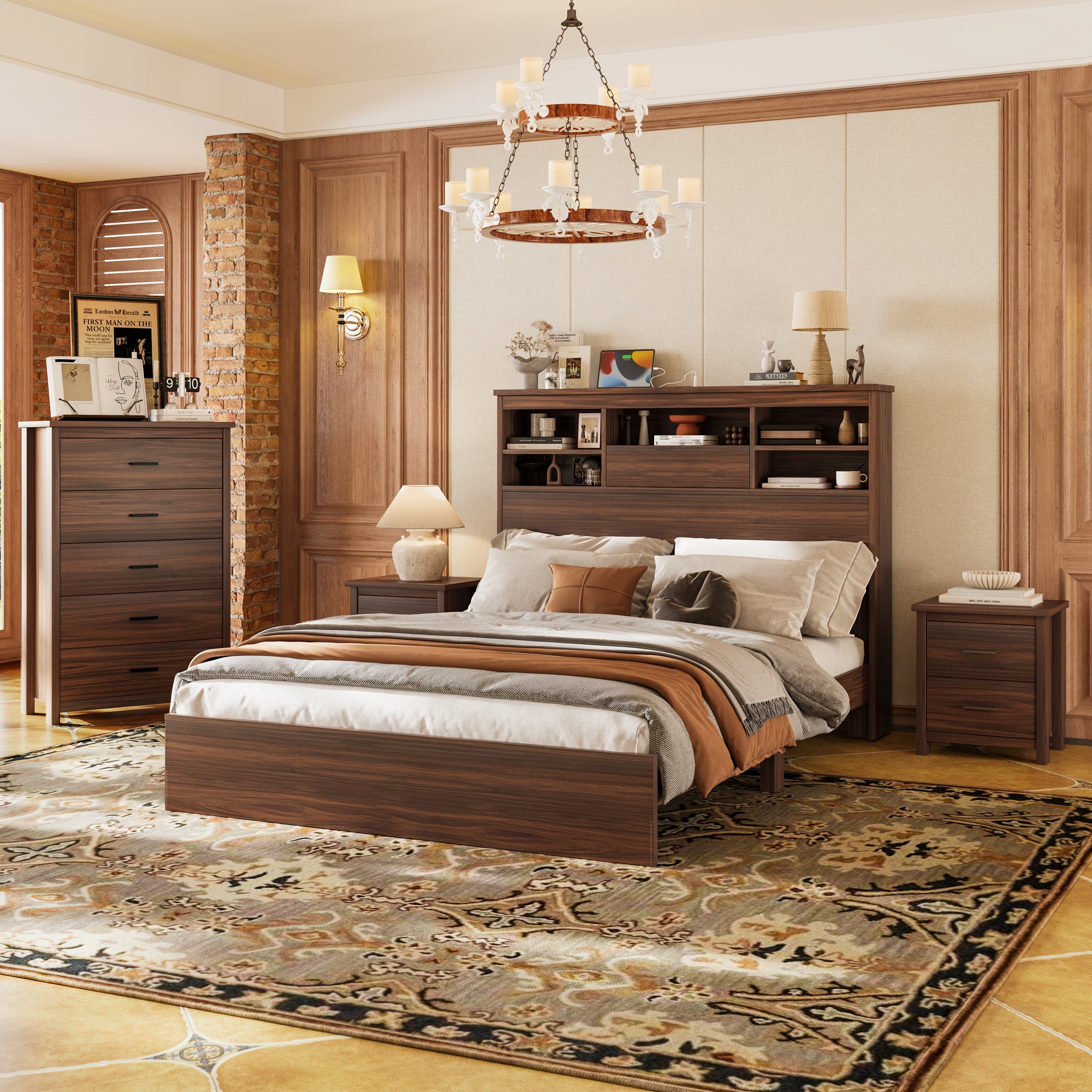 4PCS Bedroom Sets, Wooden Queen Size Bed Frame with Storage Headboard and Charging Station, 2 Nightstands with 2 Drawers, 1 Dresser with 5 Drawers, Walnut(old SKU HL000102AAD) - Grand Goldman Shop