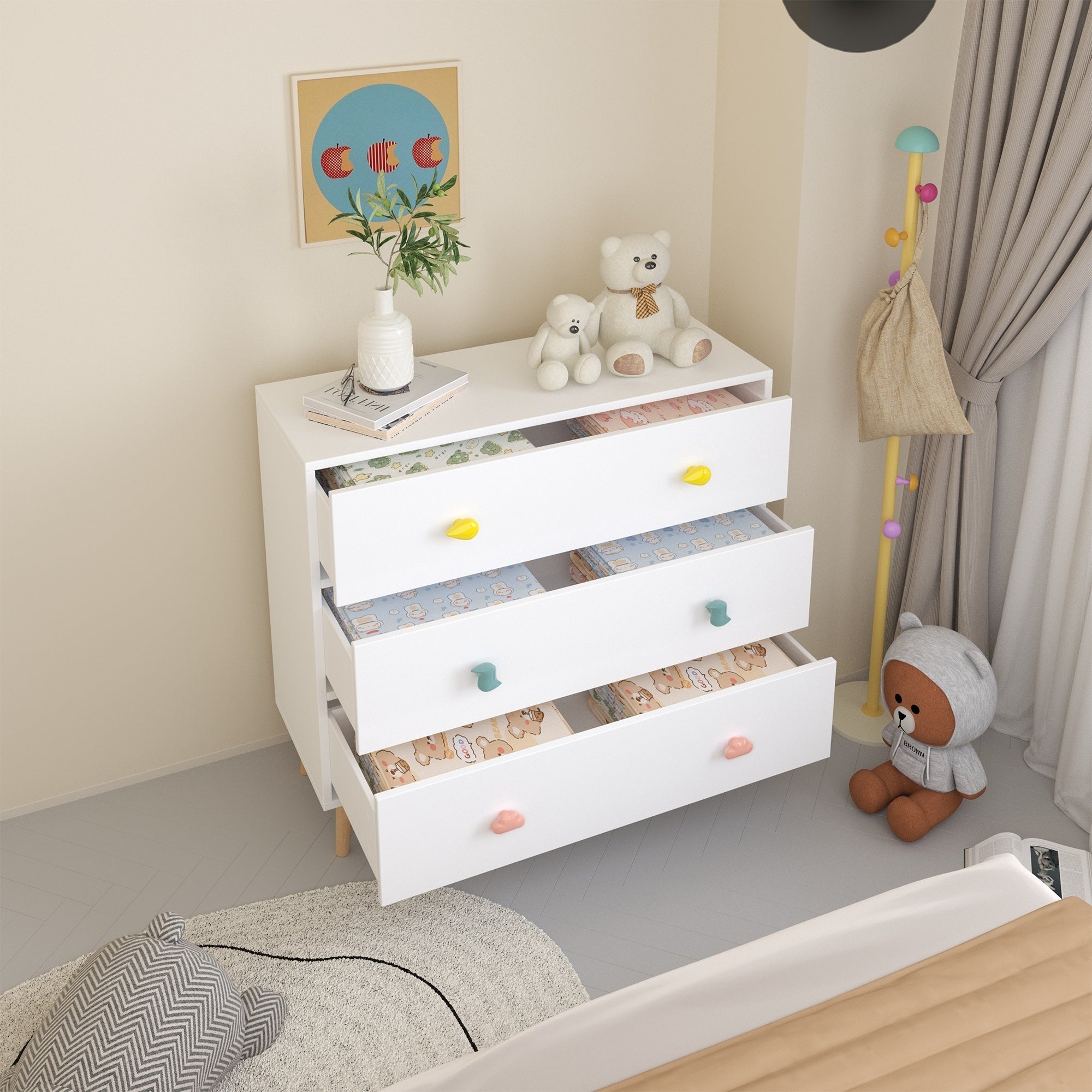 Kids 3 Drawer Dresser, White Nursery Storage Cabinet with Anti-Tip Safety Feature, Solid Wood and MDF Construction, Compact D