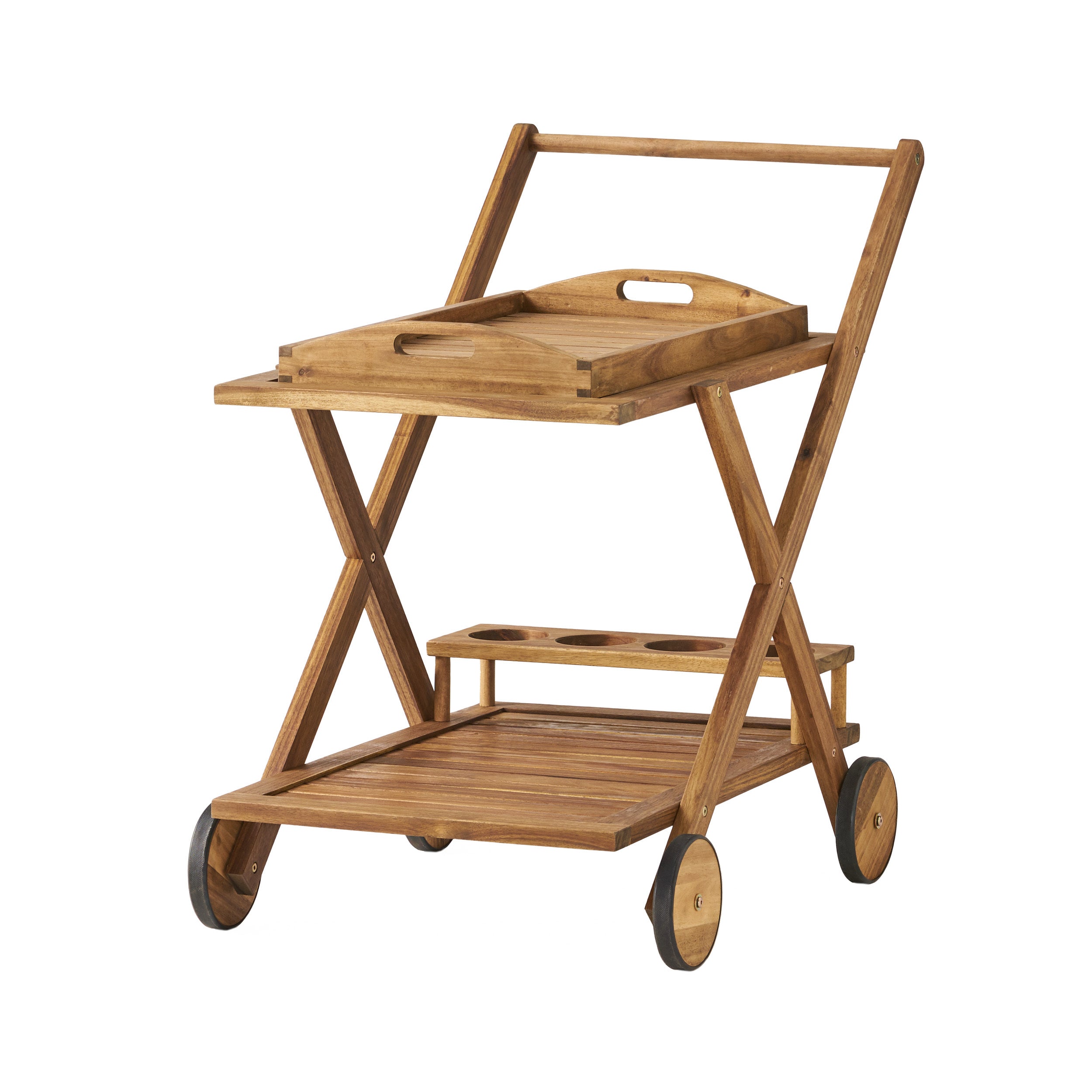 RIVIERA BAR CART Natural Stained Acacia Wood Mobile Bar Cart with Wheels for Entertaining - Grand Goldman Shop