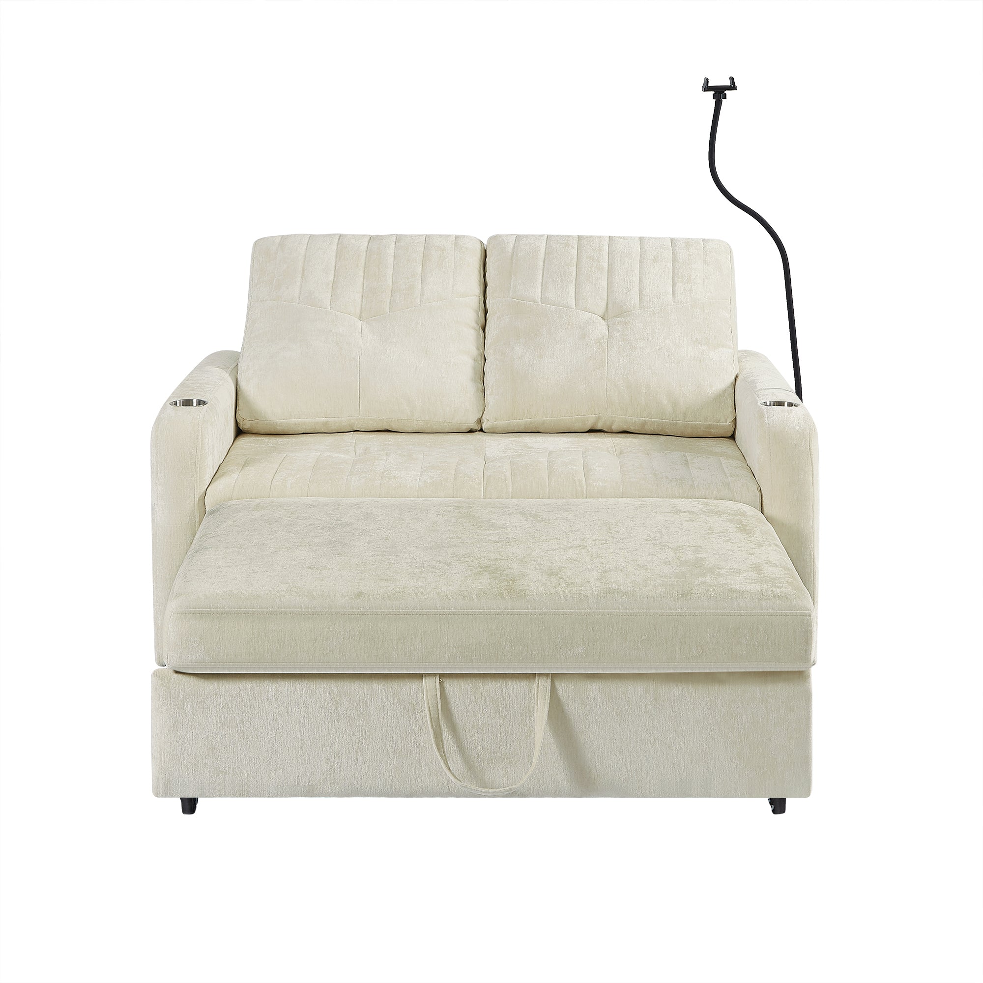 Modern 53.9' Loveseat Pull-out Sofa Bed with Adjustable Backrest, Cup Holders, Charging Ports & Side Storage in Beige Chenille - Grand Goldman Shop