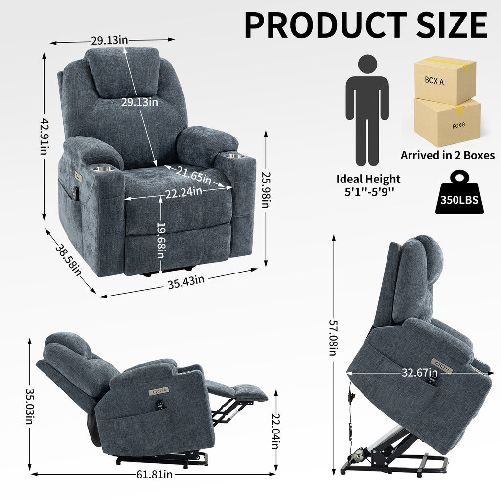 Up to 350 LBS Chenille Power Lift Recliner Chair, Heavy Duty Motion Mechanism with 8-Point Vibration Massage and Lumbar Heating, USB and Type-C Ports, Stainless Steel Cup Holders, Blue - Grand Goldman Shop