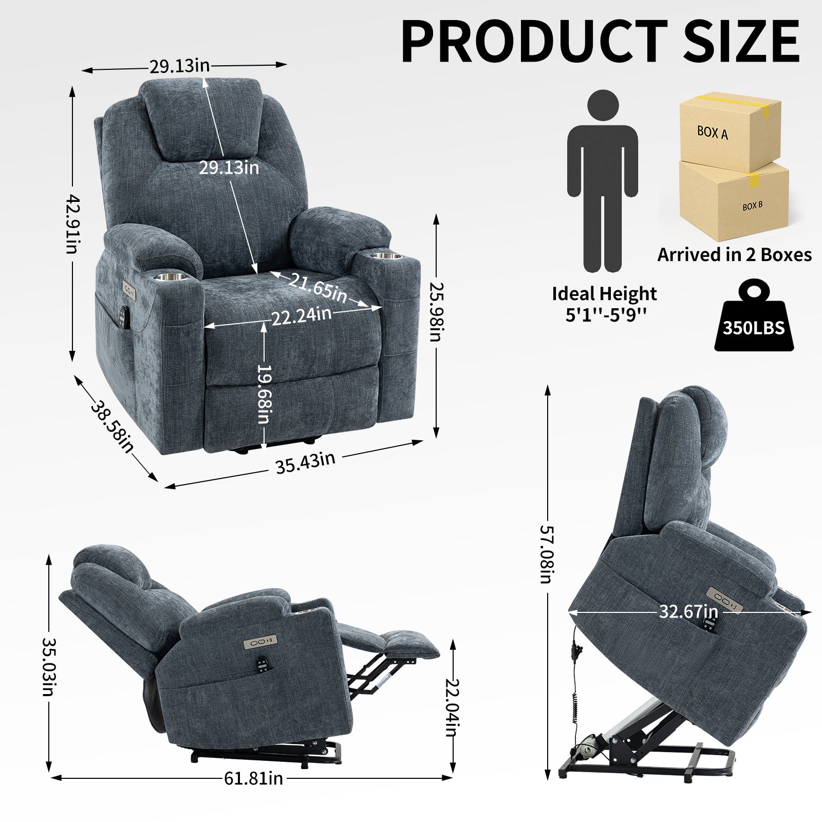 Up to 350 LBS Chenille Power Lift Recliner Chair, Heavy Duty Motion Mechanism with 8-Point Vibration Massage and Lumbar Heating, USB and Type-C Ports, Stainless Steel Cup Holders, Blue - Grand Goldman Shop