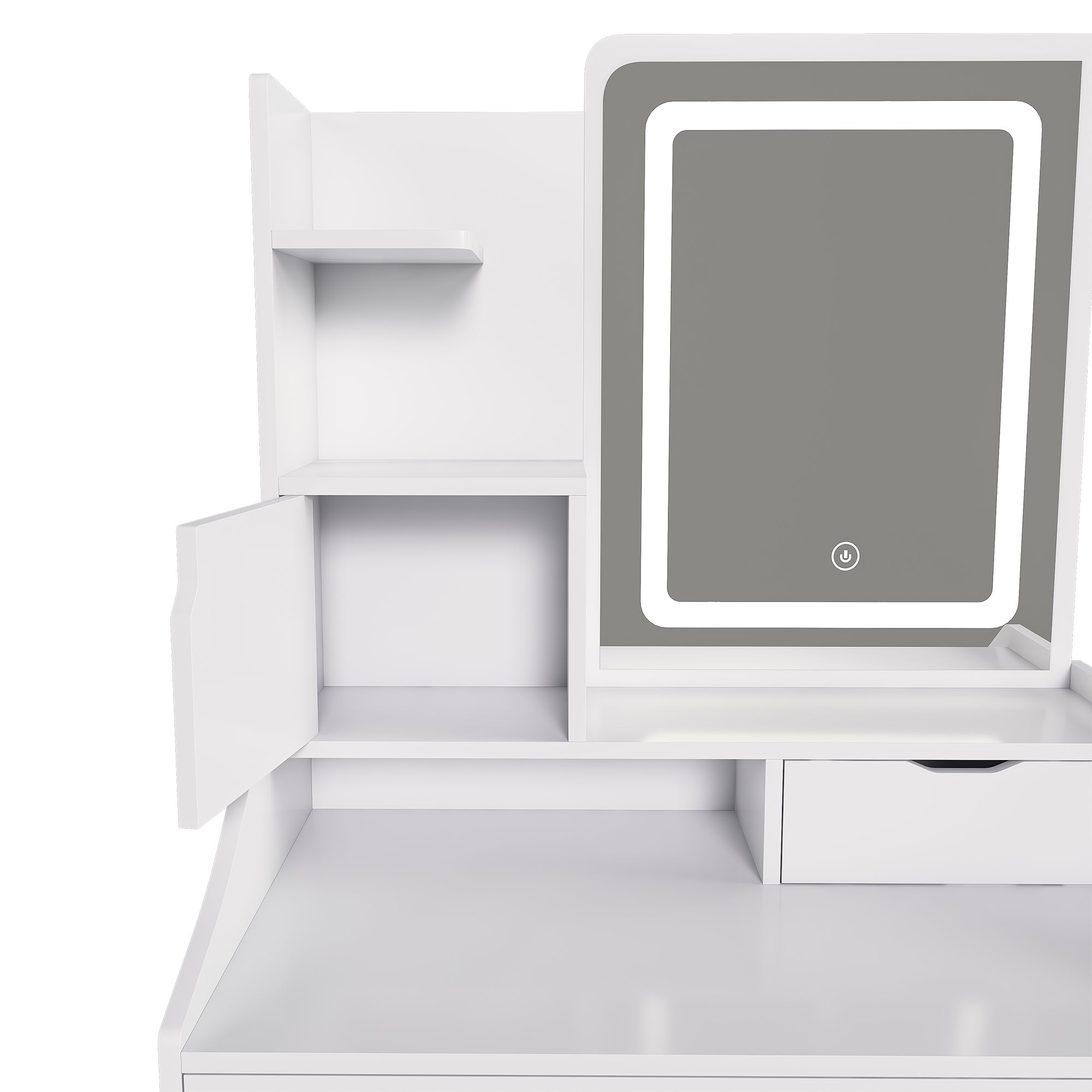 Pink LED Vanity Mirror with Stool, 2 Drawers & 5 Storage Cabinets, Adjustable Lighting, White MDF Dressing Table for Bedroom - Grand Goldman Shop