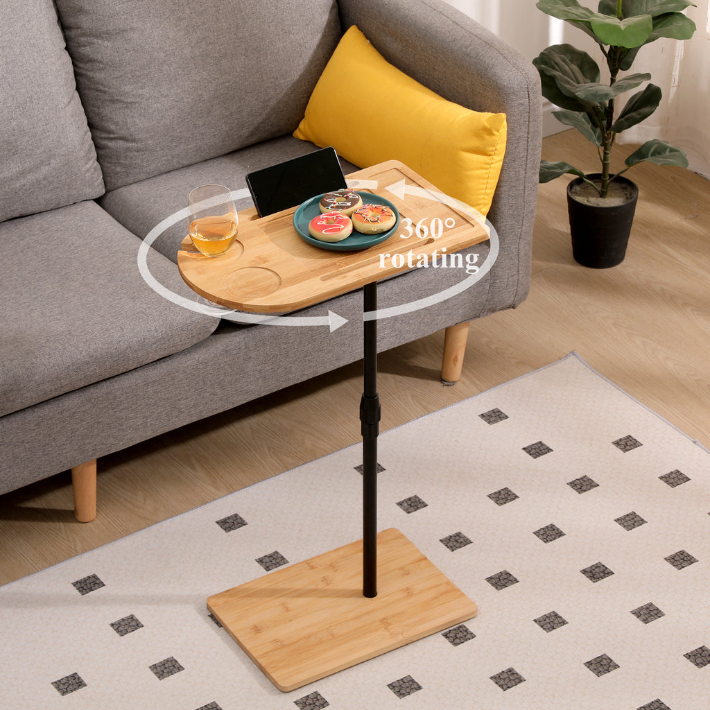 Couch Tray Table Bamboo Height Adjustable Side Table for Sofa C-shaped Oval End Tables with Slots for Bed & Chairs in Living Room & Bedroom (Oval + Rectangle) - Grand Goldman Shop