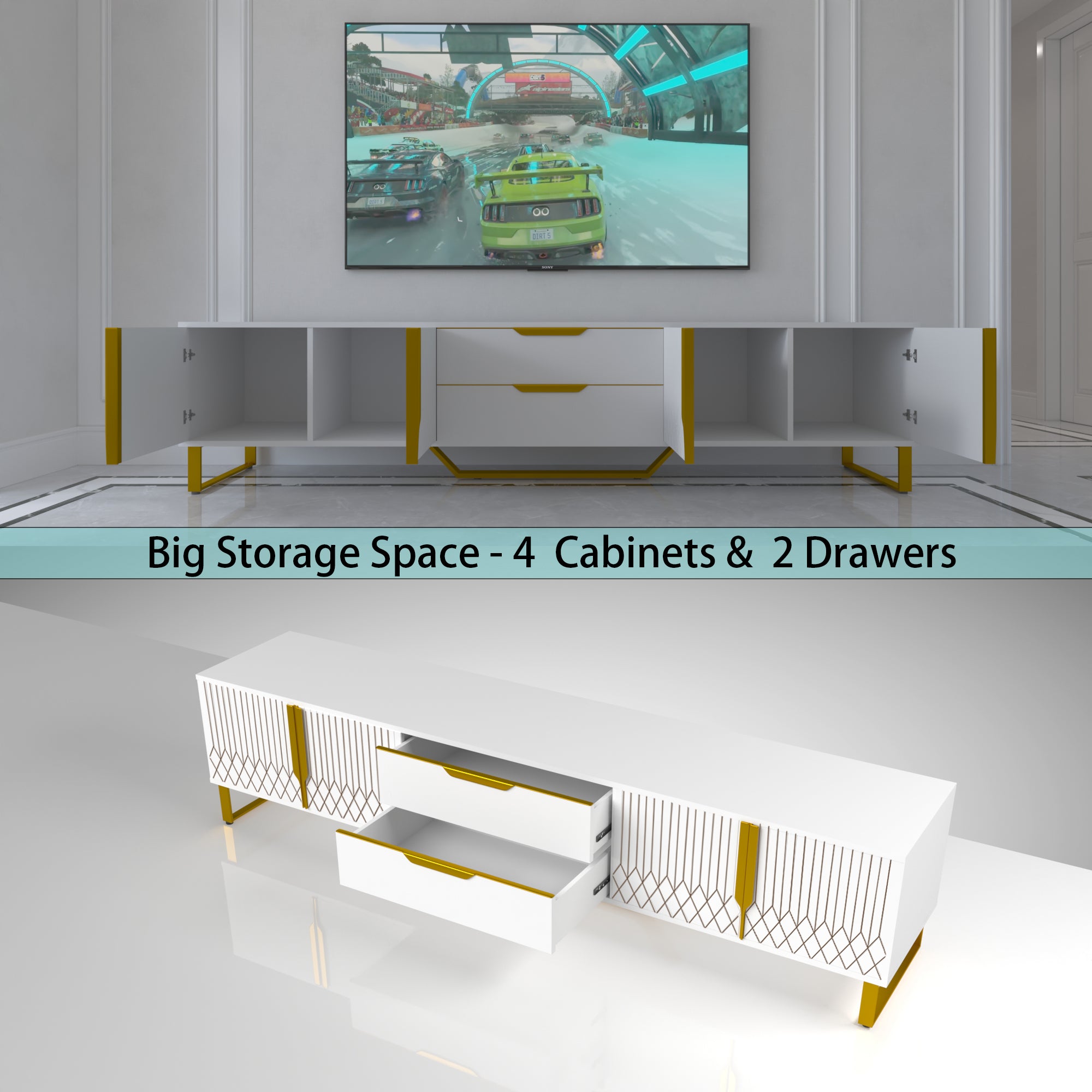 TV Console with Storage Cabinets, Carve Design TV Stand with Metal Legs, Large Storage Space Modern Entertainment Center Suit for Living Room, Bedroom, White - Grand Goldman Shop