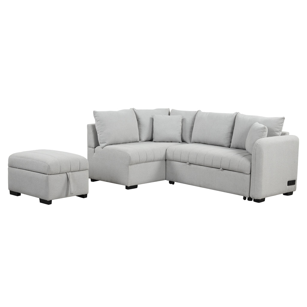 Modern L-shaped Sectional Pull Out Sofa Bed with USB Ports & Storage Ottoman, Gray Jacquard Fabric, 82.6' - Grand Goldman Shop