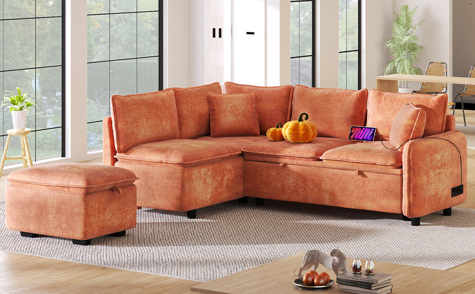 Convertible L-shaped Sofa Bed with Storage Ottoman, Power Sockets & USB Ports, Orange Chenille, 82.67' - Grand Goldman Shop