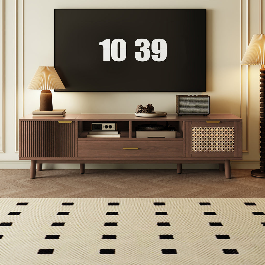 Wood Fashionable TV Stand for 75' TVs with Soft-Closing Doors, Dark Brown Modern Console with Rattan Accents and Drop-Down Cabinet, Solid Wood and MDF Construction - Grand Goldman Shop